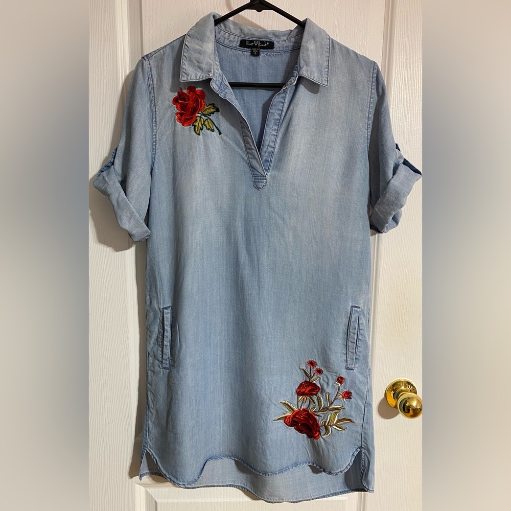 Velvet Heart Light Blue High Low Dress with Red Floral Embroidery